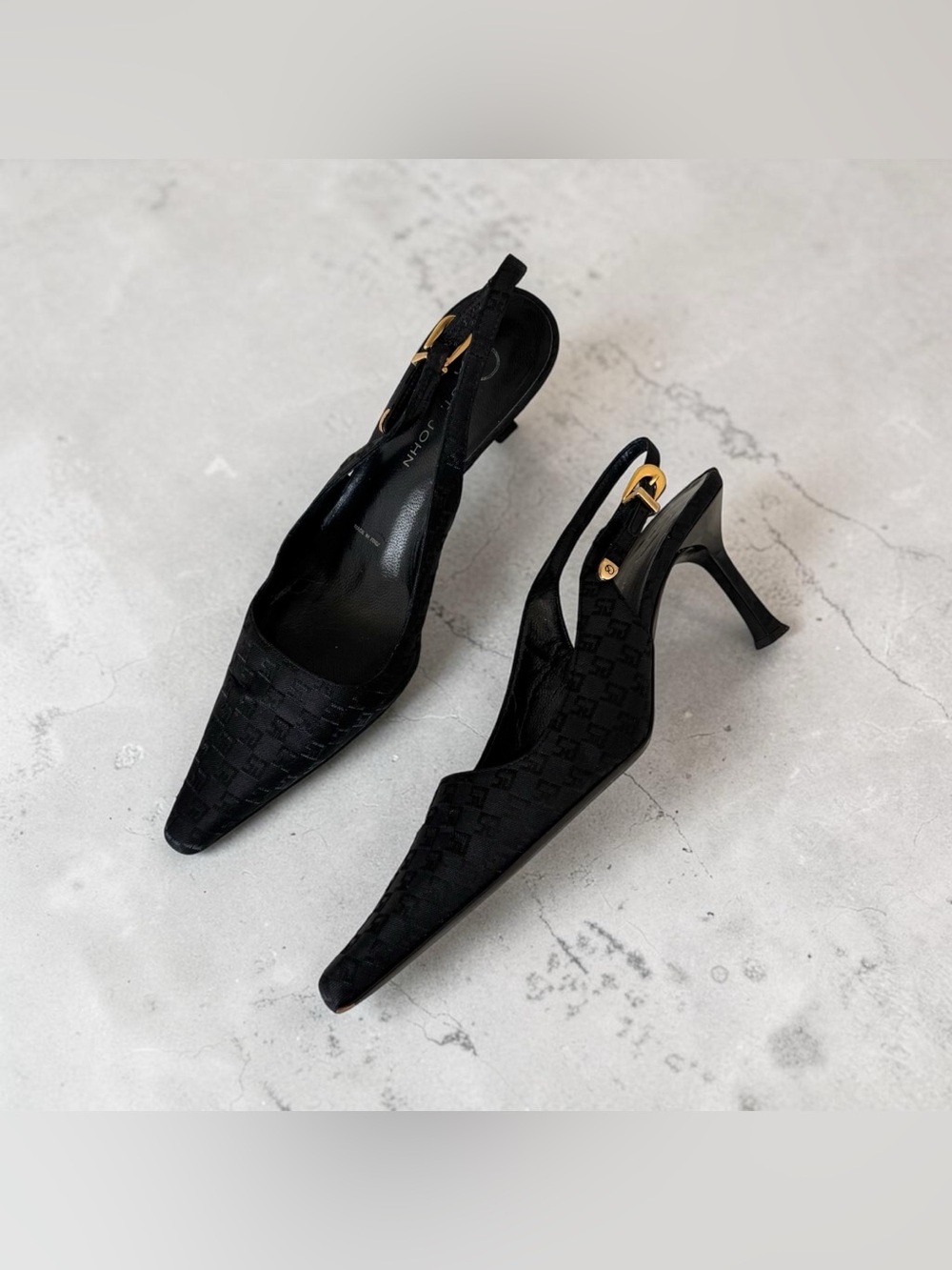 Vintage Y2K St. John Black Monogram Pointed Toe Slingback Kitten Heels